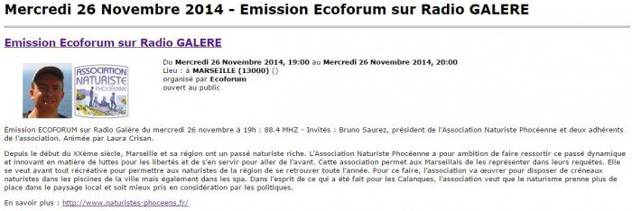 Lire la suite à propos de l’article L&rsquo;Association Naturiste Phocéenne sur Radio Galère (26.11.2014)
