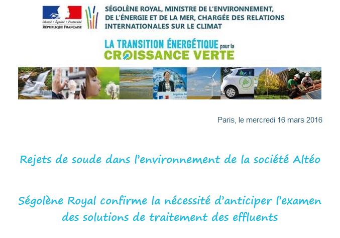 Lire la suite à propos de l’article Communiqué de Ségolène Royal à la suite de la fuite dans l&rsquo;usine Altéo