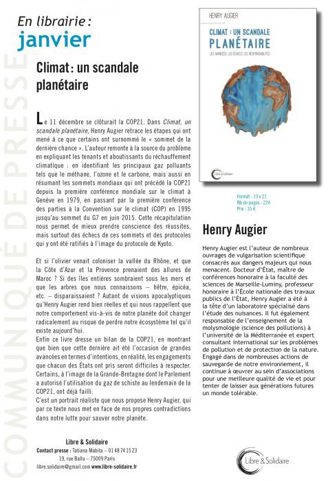 Lire la suite à propos de l’article Henry Augier : Climat, un scandale planétaire